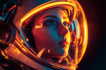 a beautiful woman astronaut in the helmet with orange light.