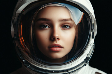 Wall Mural - Young woman astronaut portrait in helmet.