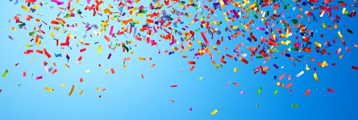 Vibrant confetti explosion against a bright blue sky background, creating a festive and joyful atmosphere perfect for celebrations and special events.