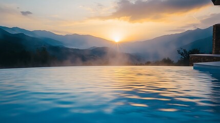 Poster - Serene Infinity Pool Overlooking Scenic Sunrise Mountain Landscape with Misty Horizon : Generative AI