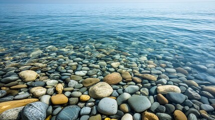 Poster - Serene Coastal Shoreline with Colorful Smooth Pebbles and Calm Blue Ocean Water : Generative AI