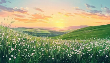 Poster - A Field of Wildflowers at Sunset with Rolling Hills in the Background