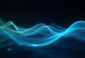 Wall Mural - Abstract digital art depicting flowing  luminous teal waves on a dark background.