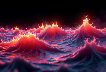 Wall Mural - Glowing pink waves crash in surreal digital art  fiery crests illuminate the dark ocean.