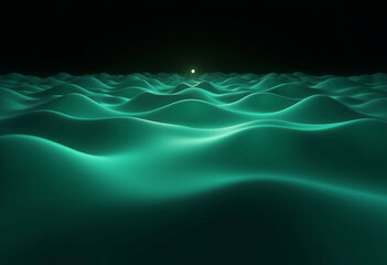 Wall Mural - Abstract teal waves undulating gently under a single distant light source in a dark background.