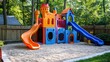 © FC - A colorful home playground with a plastic slide, a sandpit castle area, and play tunnels