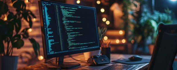 Desktop setup with a computer screen displaying code in a cozy, dimly lit environment.