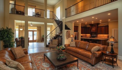 Wall Mural - A spacious living room with a leather couch, coffee table, and a view of a kitchen and staircase