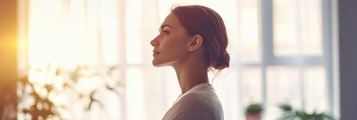 Aufkleber - Young woman enjoys sunlight in her modern apartment, looking serene and peaceful, lost in contemplation. The bright, cozy space is perfect for daydreaming and feeling hopeful