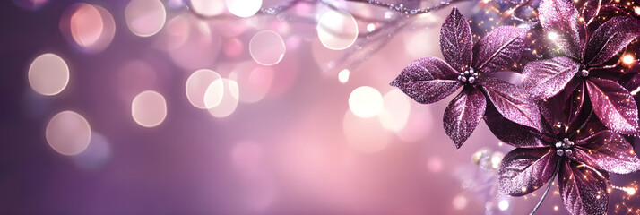 Wall Mural - Elegant purple holiday banner with sparkling flowers and bokeh lights