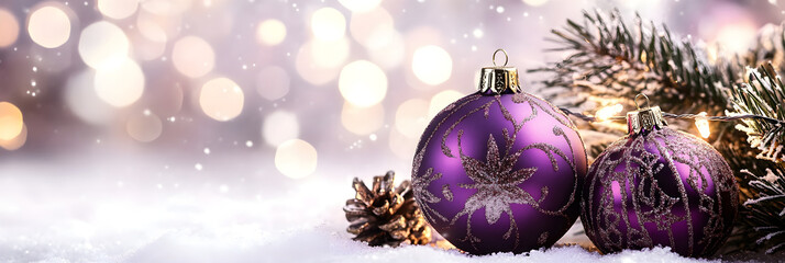 Wall Mural - festive scene featuring purple Christmas ornaments, snow, and pine