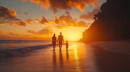 Poster - Couple Strolling Hand in Hand with Child on Tropical Beach at Breathtaking Vibrant Sunset : Generative AI