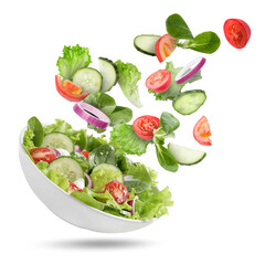 Wall Mural - Tasty salad. Fresh ingredients and dish in air on white background