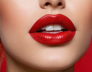 Red lips banner background with beautiful female lips macro view with lipstick and gloss makeup and red color backdrop with copy space