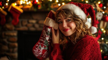 Wall Mural - A woman in cozy holiday attire posing with a decorated Christmas stocking, surrounded by festive decorations.