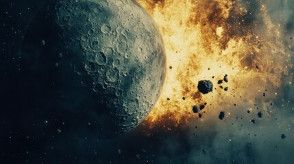 Wall Mural - asteroid impacting moon with bright explosion effect