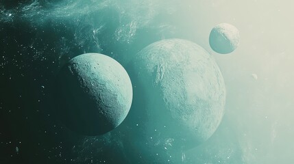 Wall Mural - A view of Uranus surrounded by its moons, with the planet soft glow illuminating the scene.