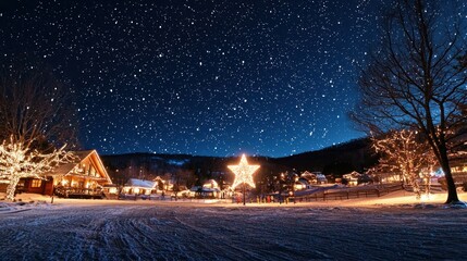 Wall Mural - an enchanting winter landscape under a starry sky, where the christmas star stands out among the twi