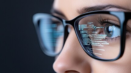 Creative female programmer immersed in coding with abstract graphs reflecting in her glasses