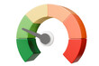 © Theeraphat - 3d Speedometer icon. Minimal Status Speedometer with arrow scale gauge. Green, Yellow, Orange, Red Status color or low, medium, high arrow scale performance status icon. Credit rating score. 3d render