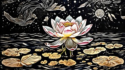 celestial lotus flower blooming in dark water, surrounded by lily pads under a night sky with stars,