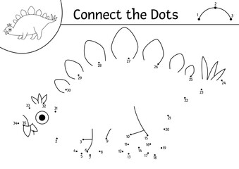 Canvas Print - Vector black and white dot-to-dot and color activity with stegosaur. Dinosaur connect the dots game, coloring page. What join the dot printable worksheet with stegosaurus. Prehistoric line puzzle