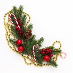 Wall Mural - A festive Christmas corner arrangement with fir branches, candy canes, and golden beads