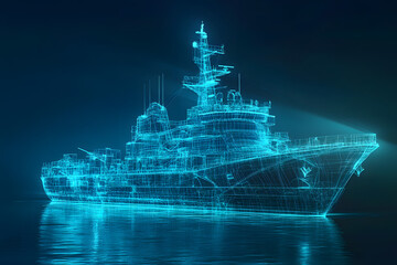 digital wireframe of a modern battleship in a luminous blue hue on a dark background, highlighting a