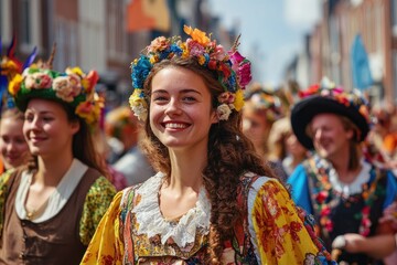 Wall Mural - Smiling woman wearing flower crown participating in a parade