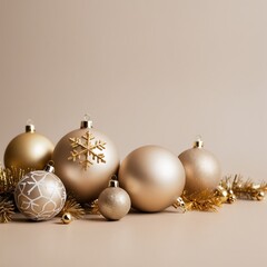 Wall Mural - Festive gold Christmas vertical decorations including baubles and a snowflake on a neutral beige surface creating a sophisticated holiday atmosphere copy space