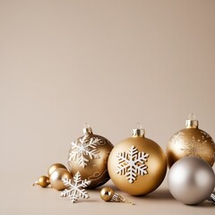 Wall Mural - Festive gold Christmas vertical decorations including baubles and a snowflake on a neutral beige surface creating a sophisticated holiday atmosphere copy space