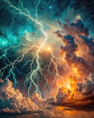 Sticker - Night Sky Illuminated by Vibrant Lightning and Thunderclouds in Dynamic Display. Generative AI