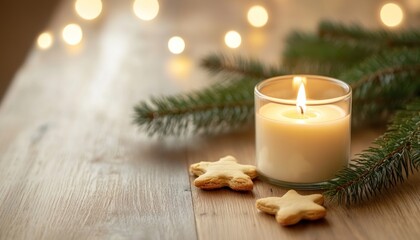 Wall Mural - A Lit Candle, Cookies, and Pine Branch on a Wooden Table