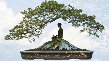 A double exposure of a bonsai tree whose branches transition into the silhouette of a person meditating on a mountain top, symbolizing inner strength and endurance. The peaceful image reflects 