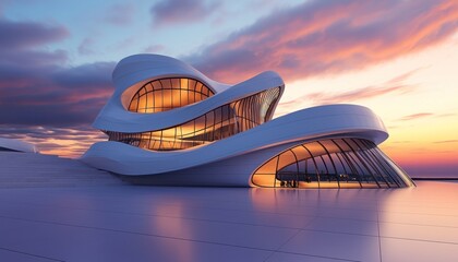 Poster - A modern, white, and futuristic building with a curved design sits on a flat, white surface with a dramatic sunset in the background.