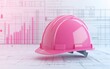 © nitnicha - A pink construction helmet rests on architectural blueprints, symbolizing safety and design in a modern work environment.