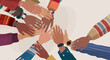 © melita - Group hands on top of each other of multicultural people. Community teamwork cooperation or ethnicity concept. Equality diversity inclusion. Diverse culture. Agreement between colleagues