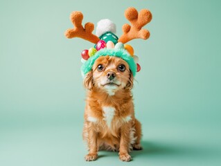 A cute dog wearing a hat with christmas deer antlers sitting on a light mint background
