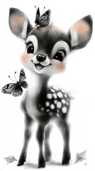 Poster -  a black and white drawing of a fawn with a butterfly perched on its head, surrounded by a few leaves