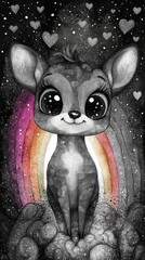 Poster -  a black and white drawing of a cute baby deer with a rainbow in the background, surrounded by a few heart symbols The background is black in color, creating a stri