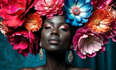 Poster - Celebrating beauty and nature through vibrant floral artistry on a striking model against a rich backdrop