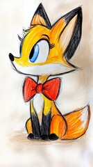 Poster -  a drawing of a fox with a red bow tie, drawn on a piece of paper The fox has a bright orange coat with black spots, and its eyes are a deep blue Its ears are perk