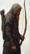 © Albert - a man with a long beard and a hooded cloak, holding a bow and arrow in his hand He is standing in a heroic pose, ready to take aim and fire His clothing is detail