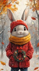 Poster -  a white rabbit wearing a red jacket and scarf, holding a wreath in its hands, standing in a wintery landscape with trees in the background and leaves scattered on t