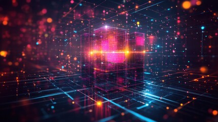 Wall Mural - Abstract digital cube with glowing lines and particles on a dark background.