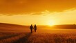 © Lion - Young couple holding hands while walking through a golden field, autumn landscape, warm sunset lighting,