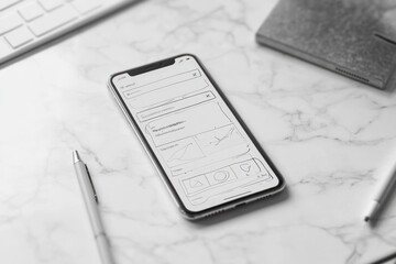 A smartphone with a mockup of a mobile app interface on the screen, lying flat on a marble desk.