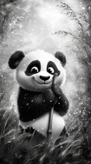 Poster -  a black and white panda bear sitting in the grass, holding a bamboo stick in its paws The background is filled with lush plants, creating a peaceful atmosphere