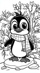 Poster -  a sketch of a penguin wearing a scarf, standing in front of a tree The penguin is black and white in color, and the tree is drawn in a cartoonish style It is a fr