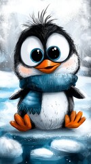 Poster -  a cute penguin wearing a blue scarf standing in the snow The penguin is white, black and orange in color, and the background is filled with white snowflakes